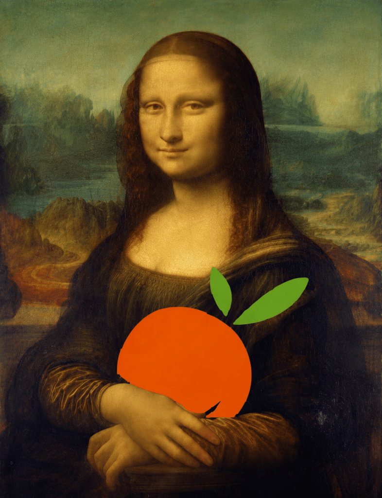 Reinterpretación de la Mona Lisa sosteniendo una naranja de La Naranja Sevillana